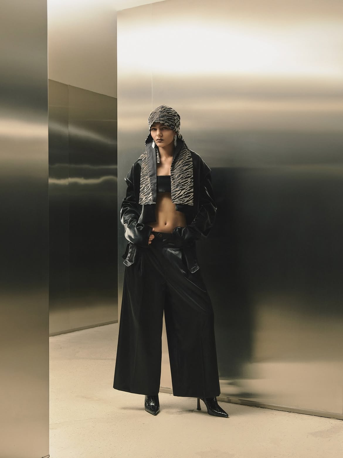 Leather Ensemble with Textured Scarf (CLICHÉ Lookbook)