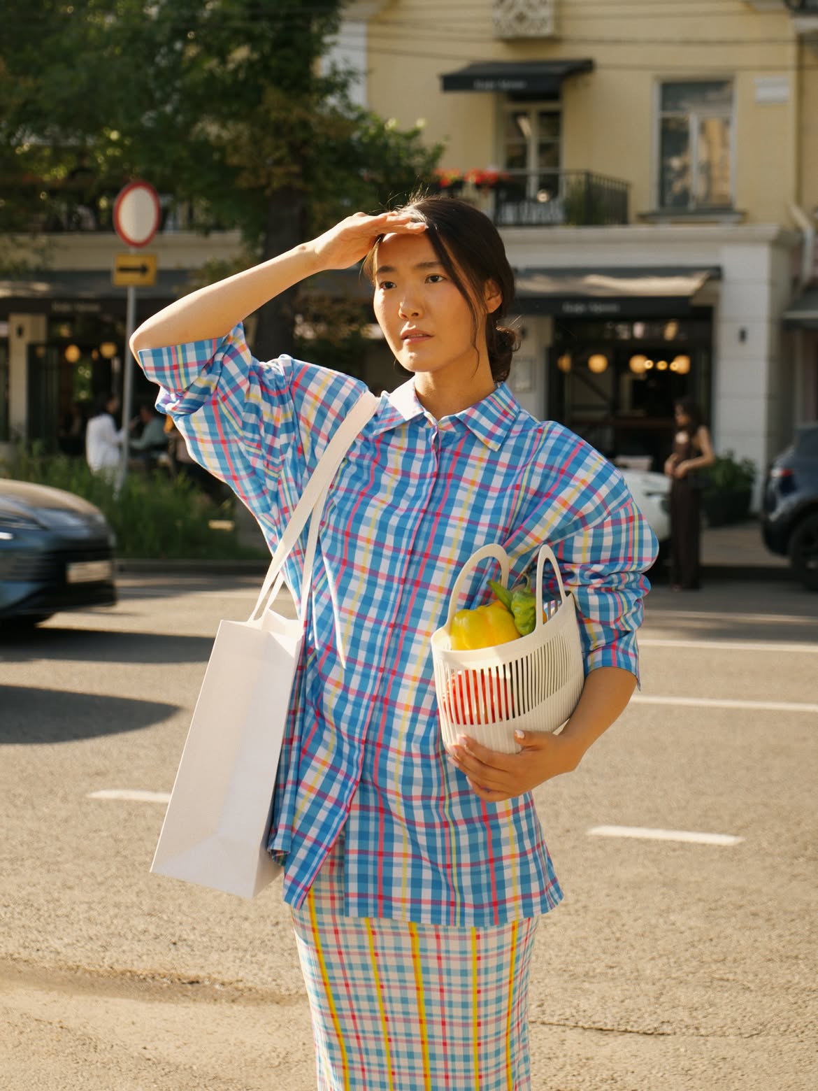 Blue-checked-shirt-plaid-midi-skirt-set